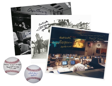 Lot of (5) Astronauts Signed Items – 8 x 10 Apollo 13 Launch Celebration Photo , Apollo 13 Mission Control Photo, Haise Signed Official NASA Photo, 2 Signed OML Manfred Baseballs (Beckett)